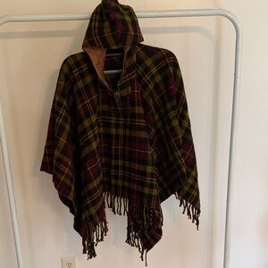 Hunter Plaid Hooded Poncho - Burgundy and Yellow